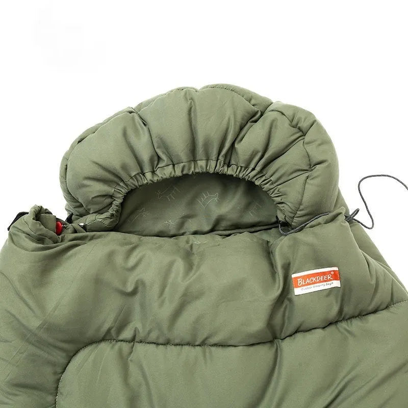 Rectangular ochre cotton sleeping bag quilt laid out flat for camping.