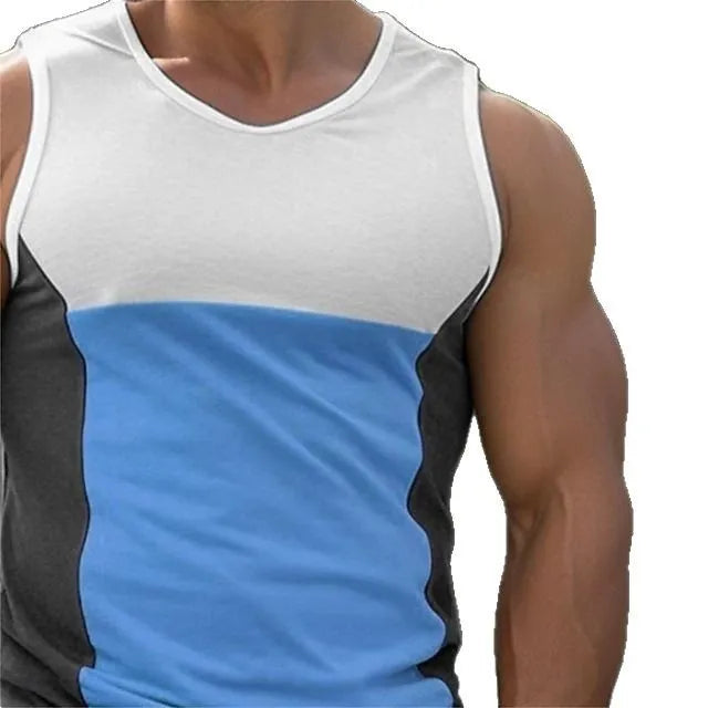 Men's blue cotton blend sports vest showing European American sizing and sleeveless athletic design