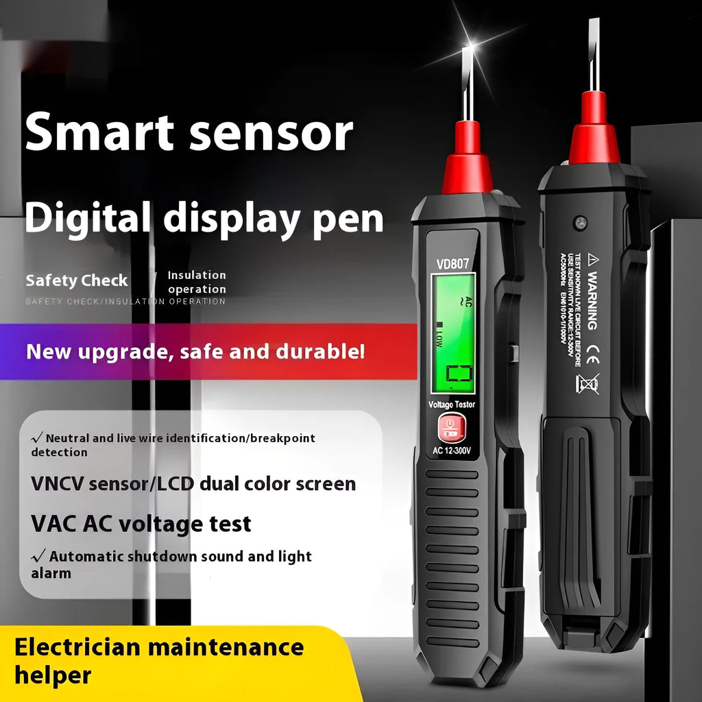 Portable high-sensitivity zero line detection pen with LCD display, 12V~300V range, black plastic housing