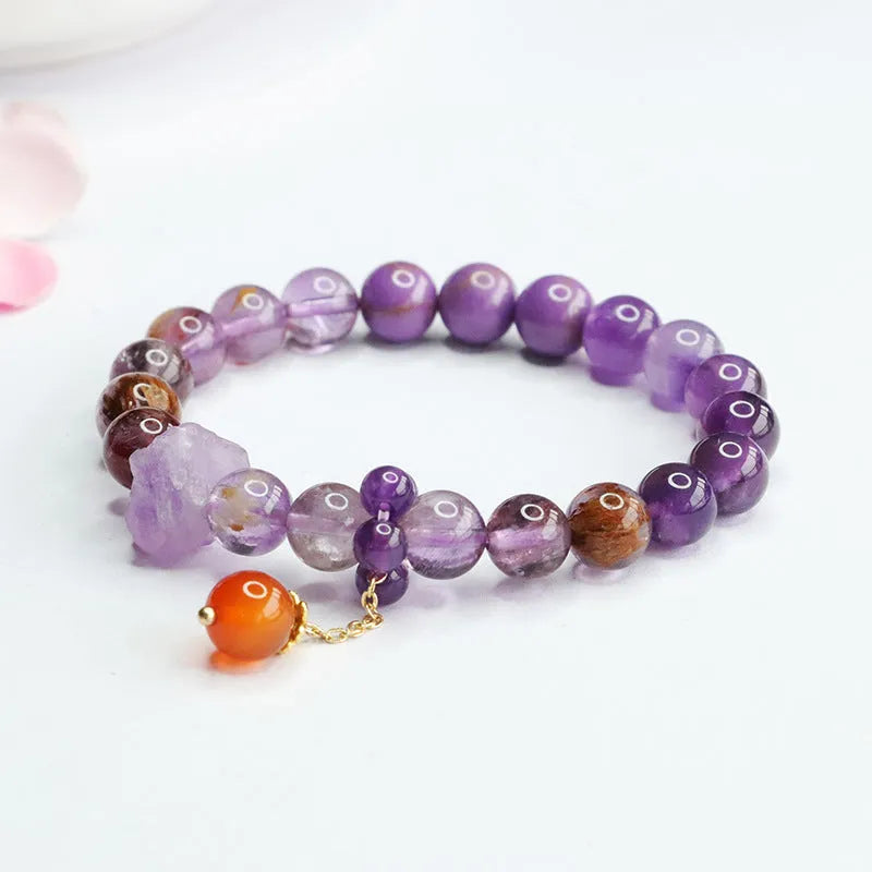 Natural nine purple fire duobao crystal and red agate bracelet in Mori style, bead diameter 7-8mm.