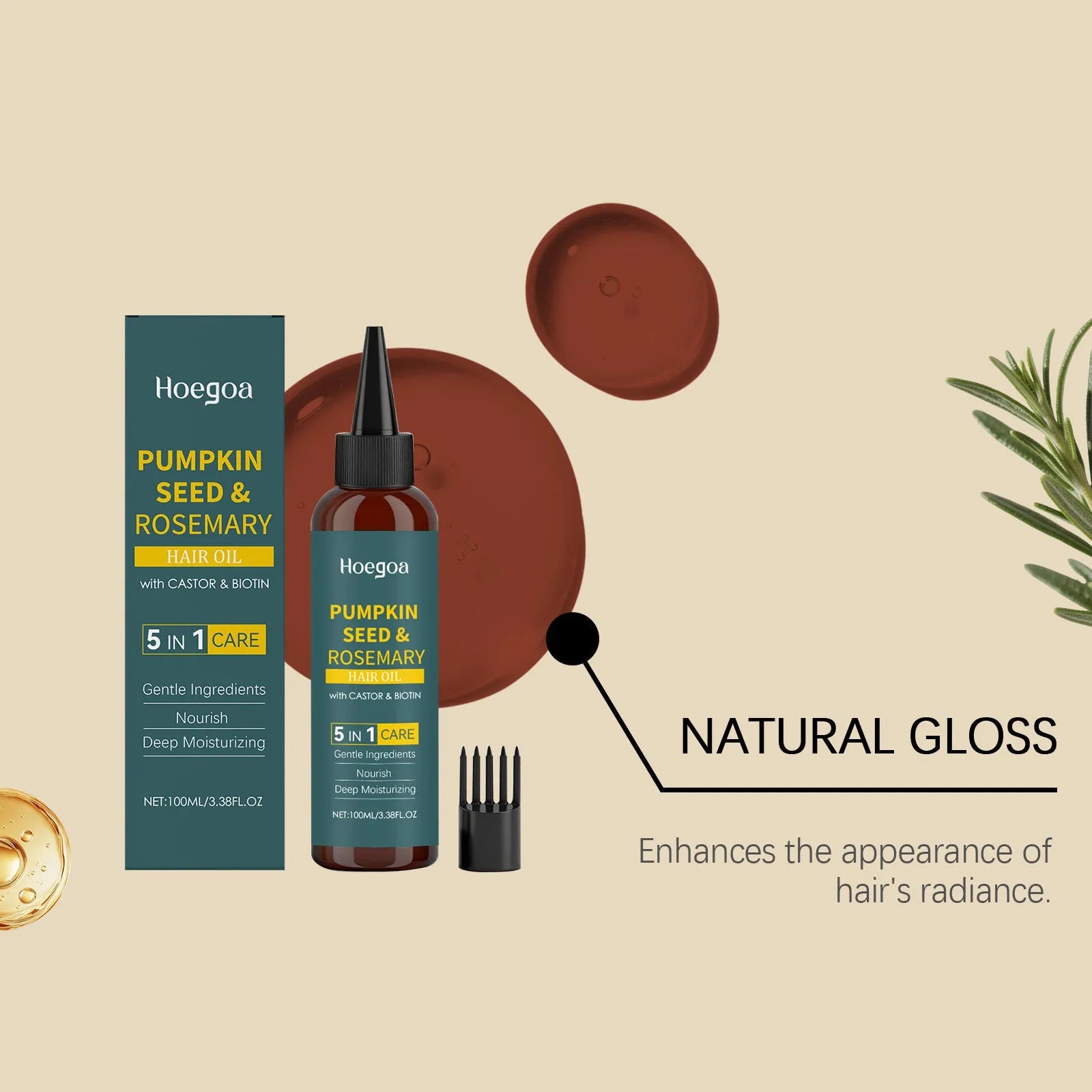 Rosemary hair essential oil 100ml bottle with pointed applicator and hair comb