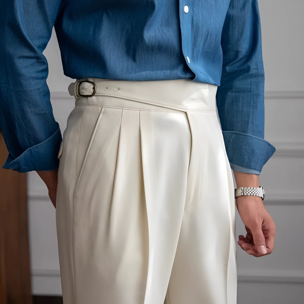 Men's high waist straight-leg casual trousers in black polyester fabric laid flat.
