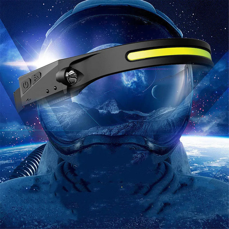 COB LED induction headlamp with wave sensor, silicone headband, USB rechargeable, 230 degree wide angle front beam and separate side LED for 100m long distance