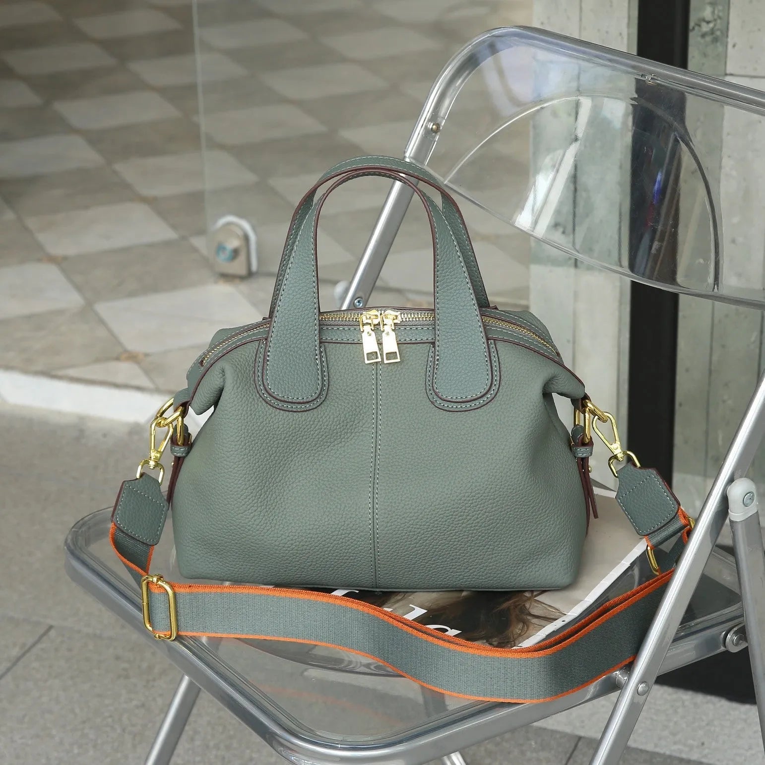 Genuine leather cross-body shoulder bag horizontal square shape 30x13x22 cm sewing thread detail