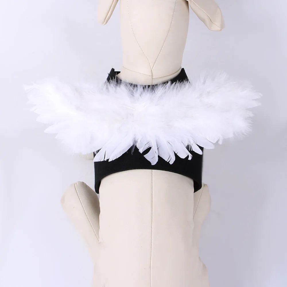 Halloween angel wings dog costume in felt cloth with chest-back harness, black colour, side view