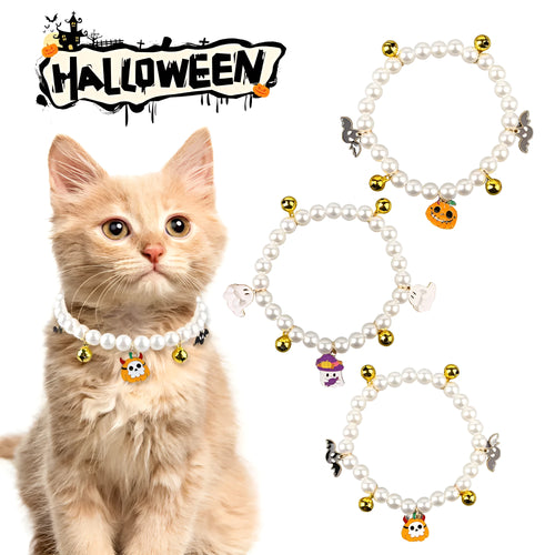 3 imitation pearl pet necklaces with small bells on adjustable cords for Halloween decoration