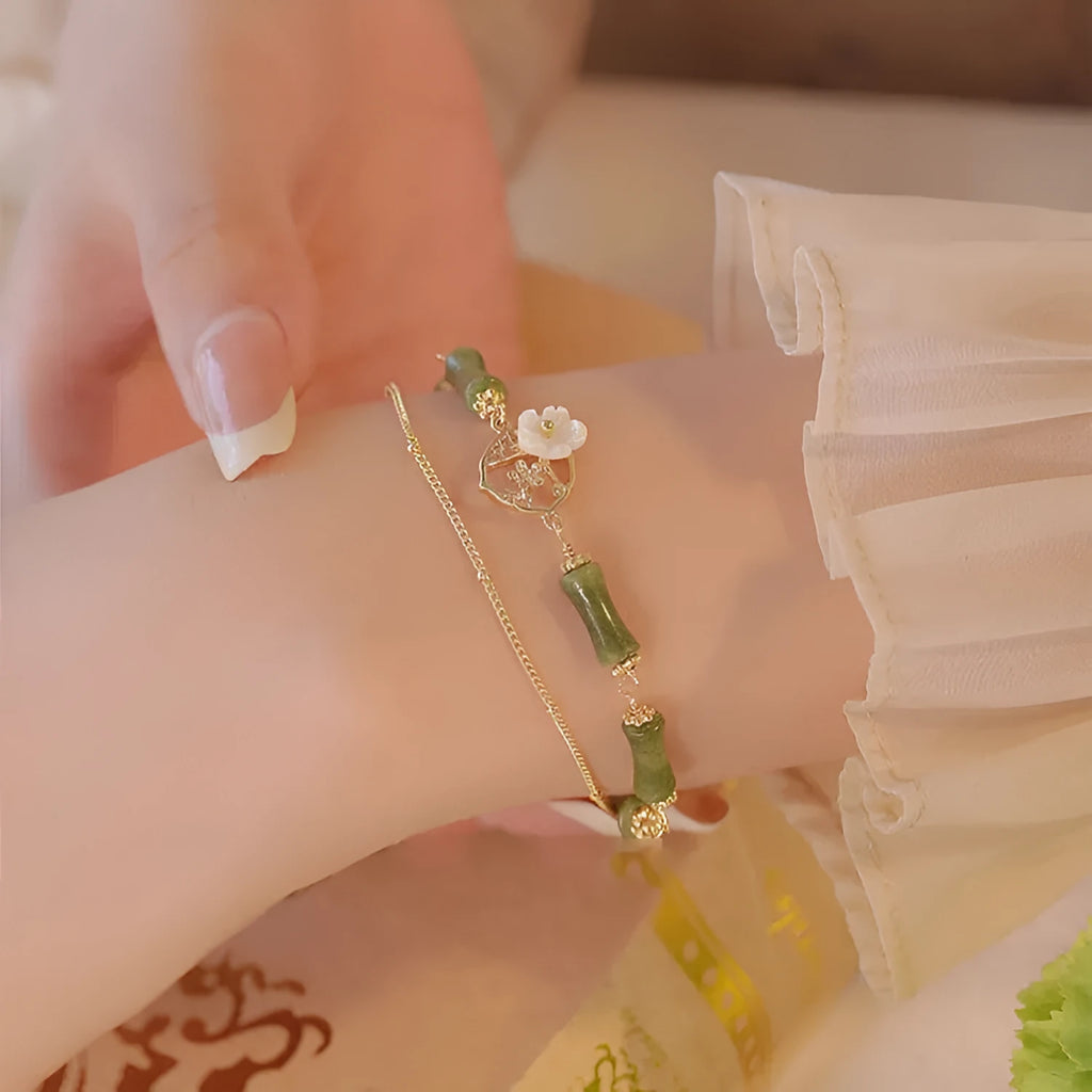 Natural olivine double layer bracelet with Twin Bells of Ireland charms and olive branch decoration