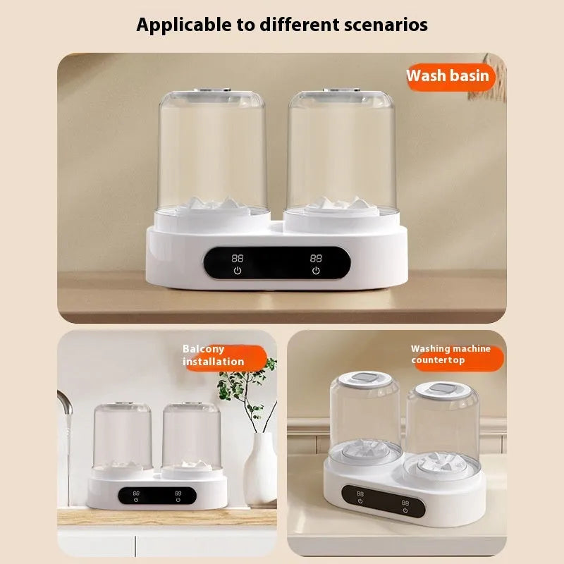 White portable mini washing machine with double laundry buckets and USB power connection