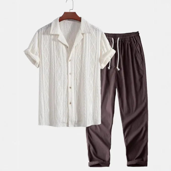 Men's slim fit camouflage print short-sleeved shirt and trousers two-piece casual suit