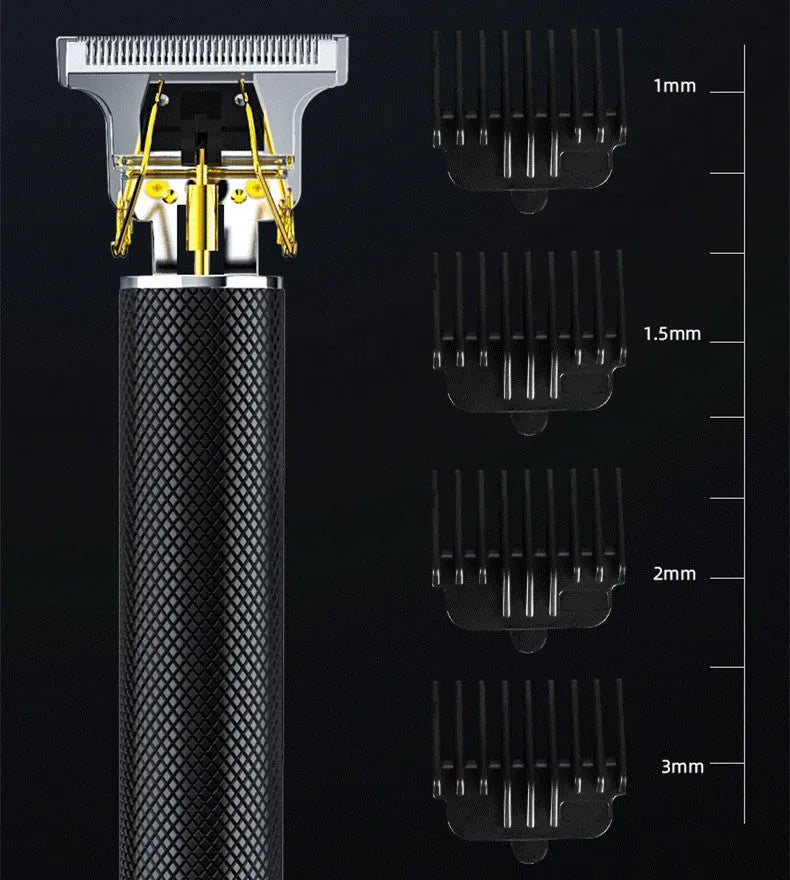 Black electric hair clipper with gold steel blade, rechargeable USB, includes 4 combs and cleaning brush