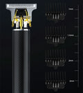 Black electric hair clipper with gold steel blade, rechargeable USB, includes 4 combs and cleaning brush