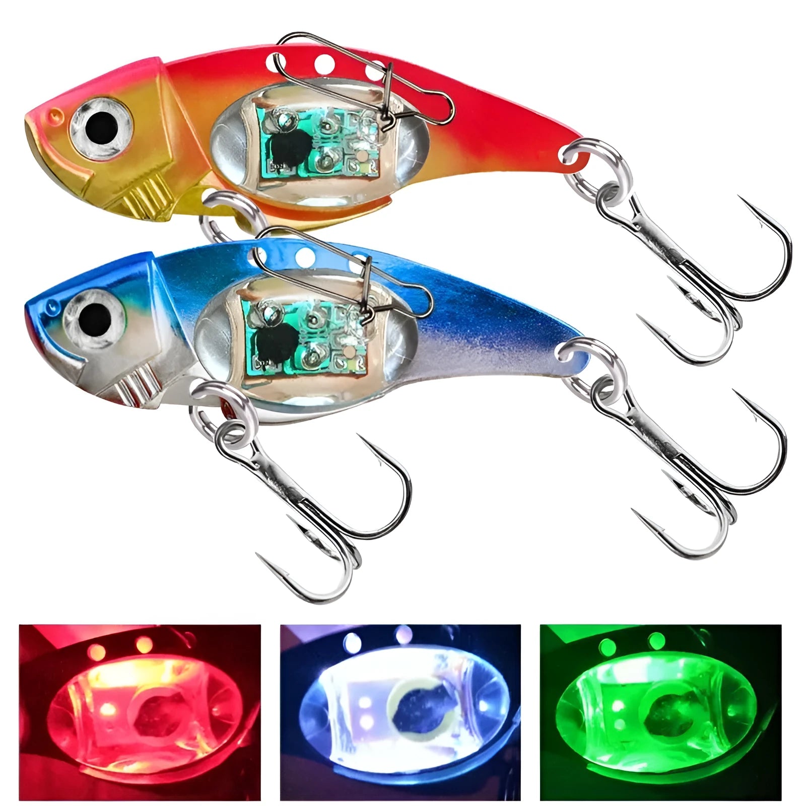 Luminous metal vib electronic fishing lure in blue and red body colours for casting and trolling