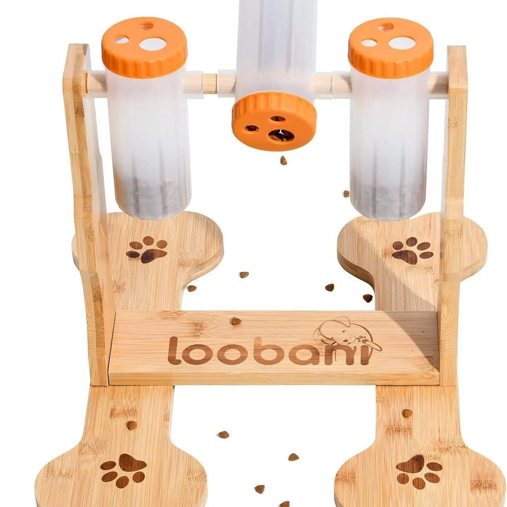 Wooden dog puzzle toy measuring 31x30x20cm with interactive snack dispenser design