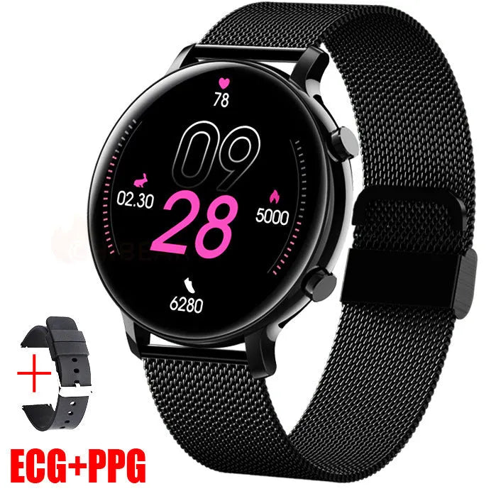Bluetooth smartwatch with stainless steel strap showing call screen and health stats