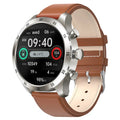 Black Bluetooth smartwatch with steel strap showing call interface and health metrics on screen.