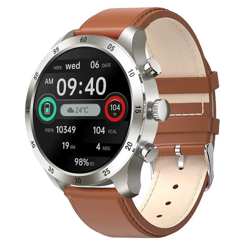 Black Bluetooth smartwatch with steel strap showing call interface and health metrics on screen.