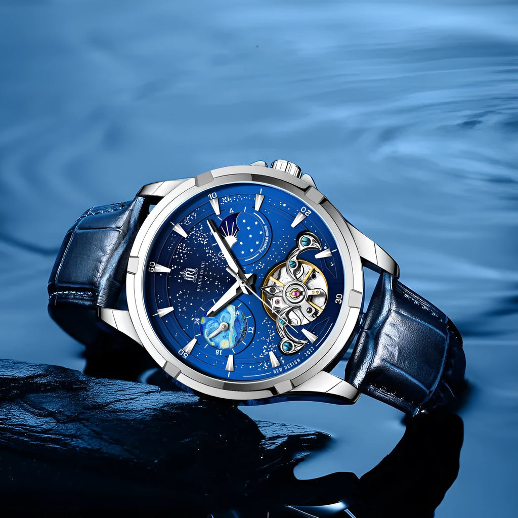 Men's blue dial automatic mechanical watch showing size 885b and 14mm thickness