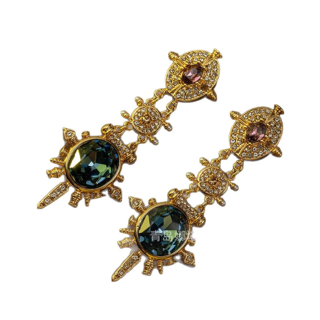 Gold geometric retro stud earrings with diamond finish on alloy material