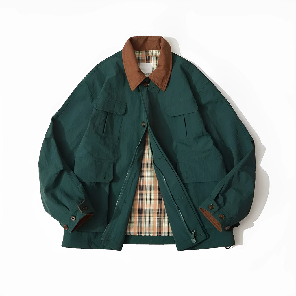 Green and apricot contrast colour casual jacket with side seam pockets and regular long sleeves