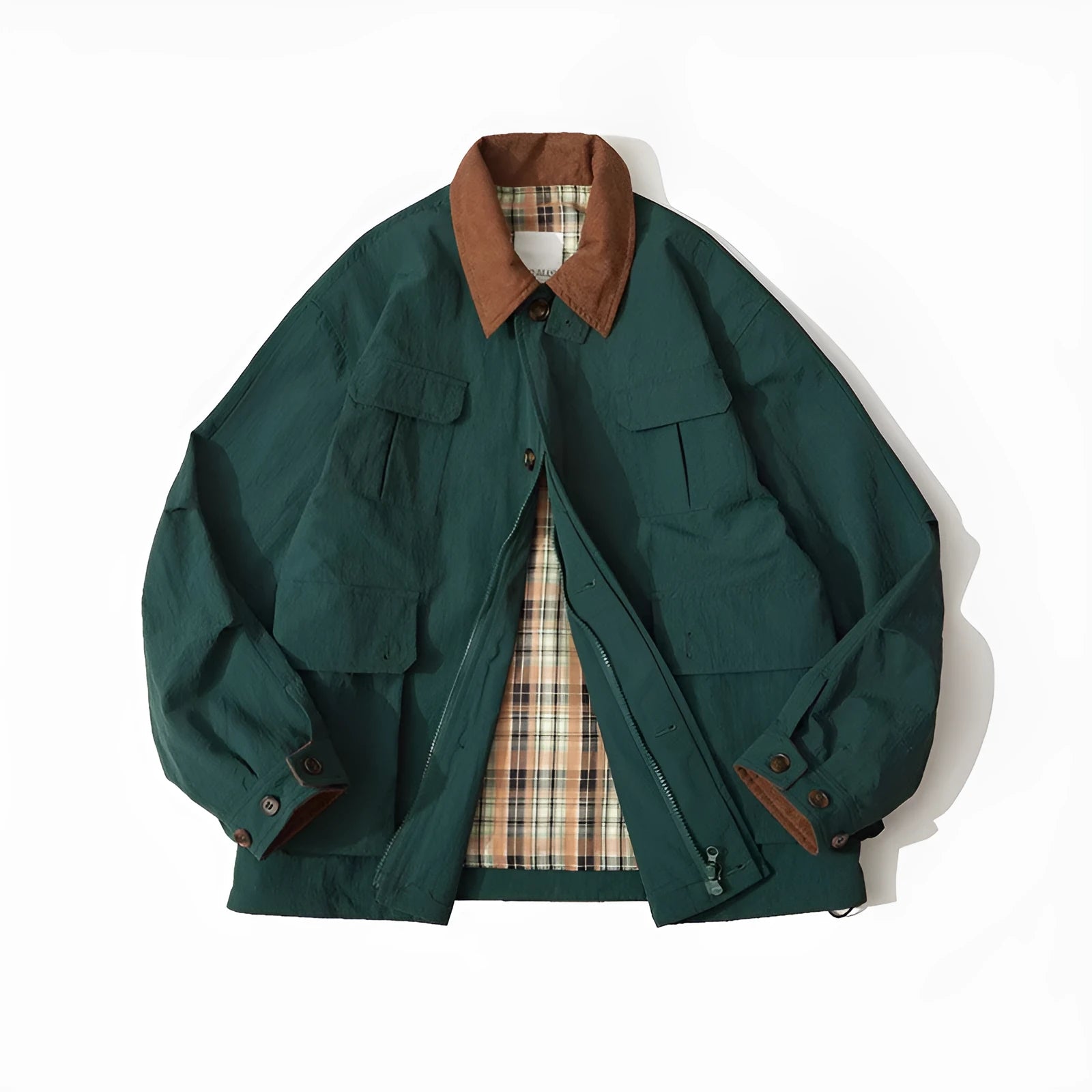 Green and apricot contrast colour casual jacket with side seam pockets and regular long sleeves