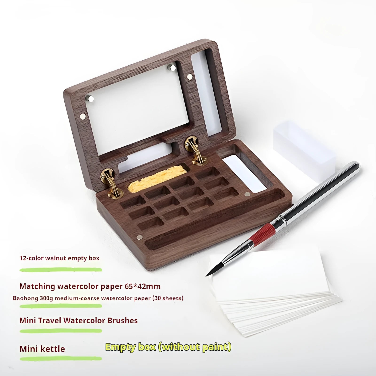 Mini wooden watercolour paint box open to show compartments filled with professional artist pigments.