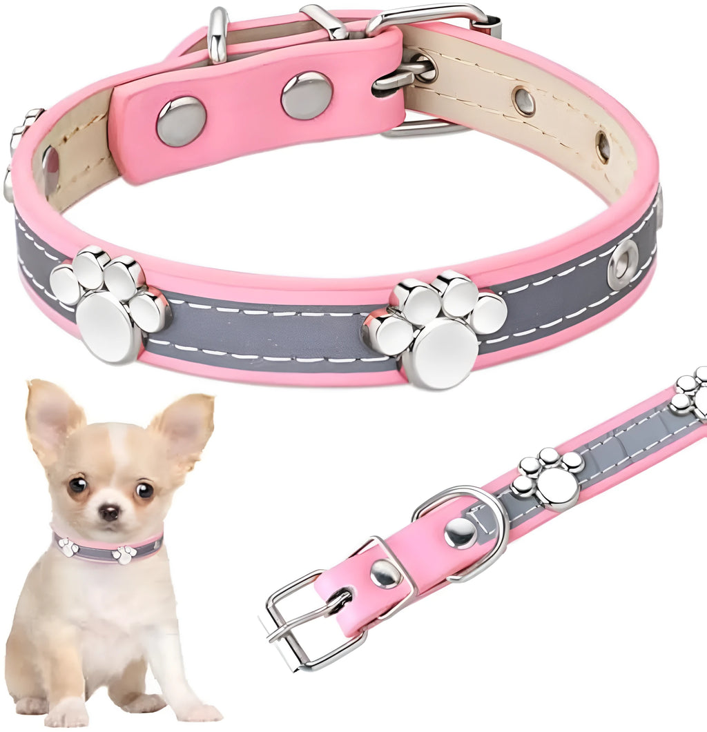 Reflective adjustable dog collar with paw-shaped rivet on PU leather band