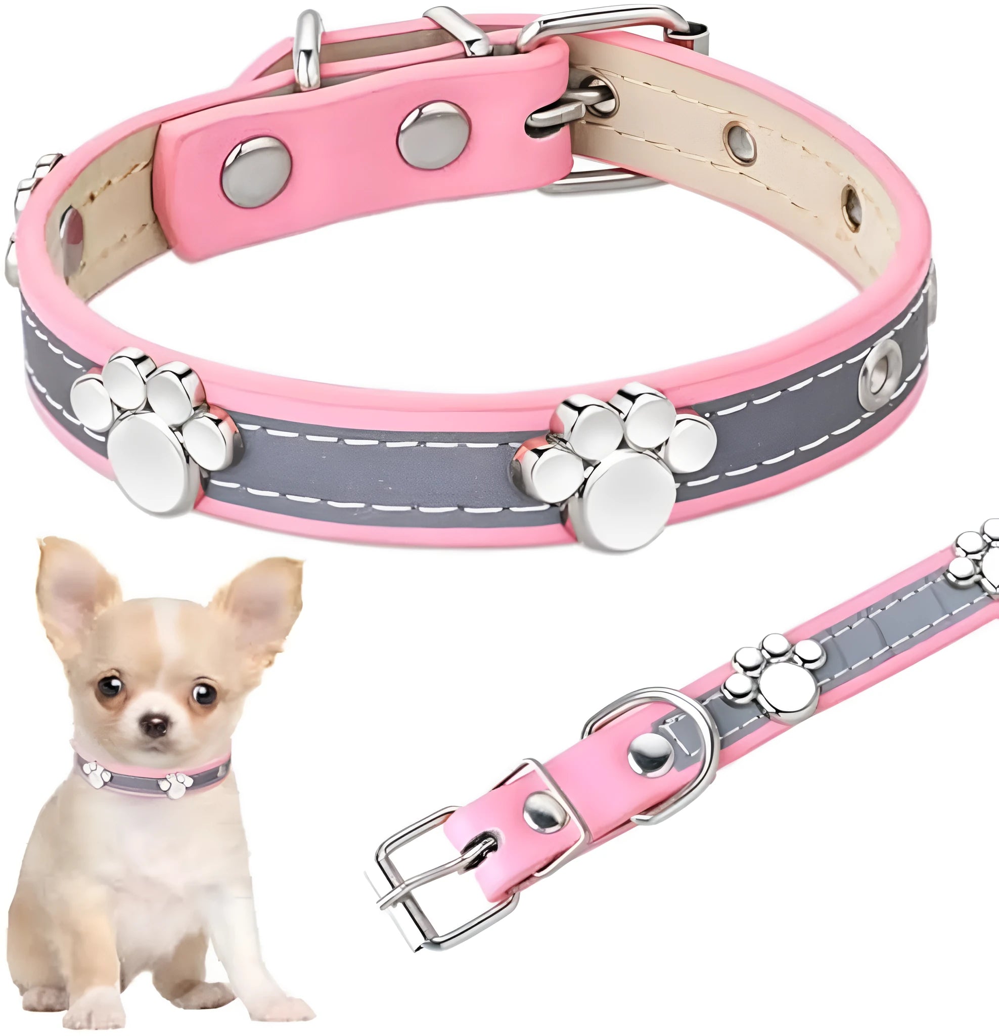 Reflective adjustable dog collar with paw-shaped rivet on PU leather band