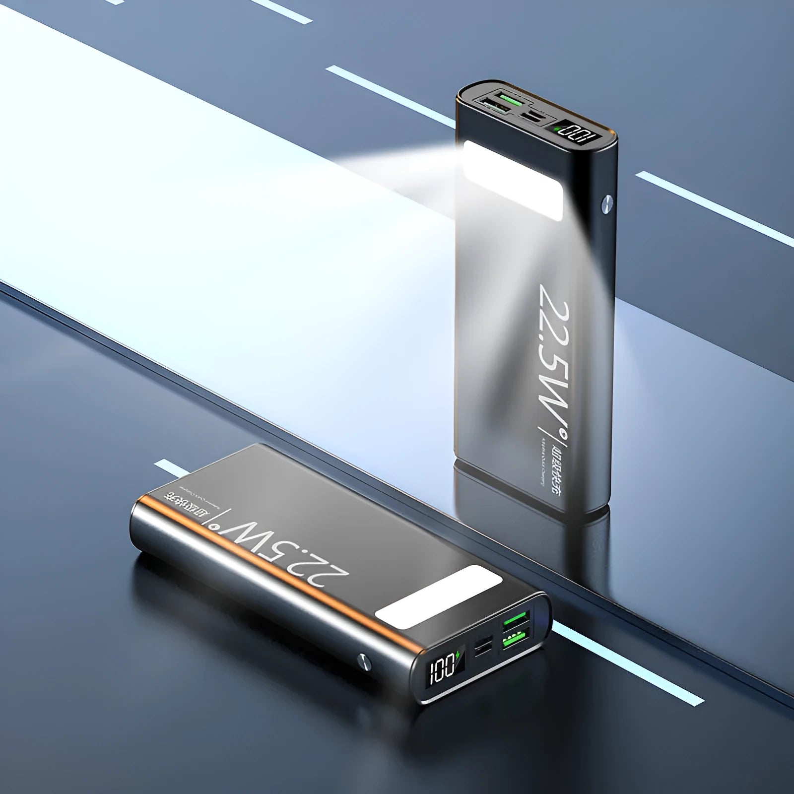 Alloy shell power bank with LCD display showing battery percentage, available in black, green, red, and blue colours.