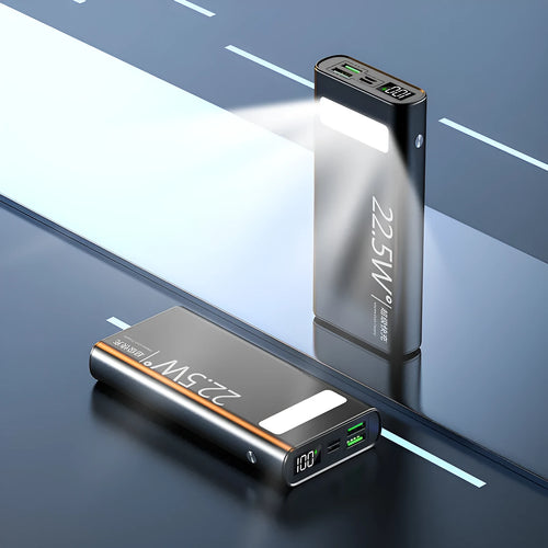 Alloy shell power bank with LCD display showing battery percentage, available in black, green, red, and blue colours.
