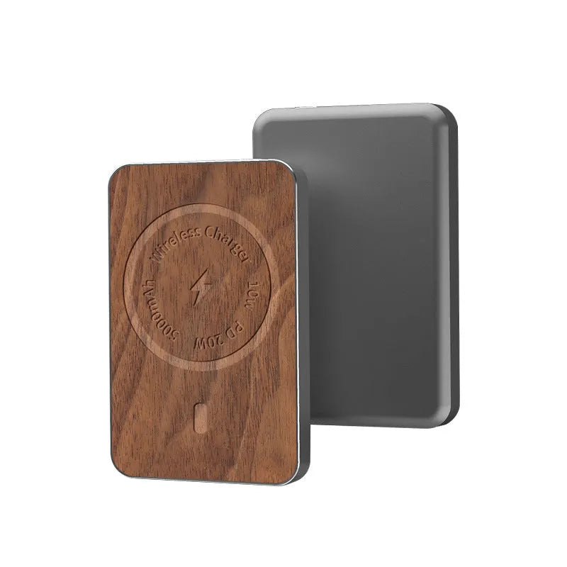 Khaki aluminium magnetic wireless charging power bank showing USB port and dimensions