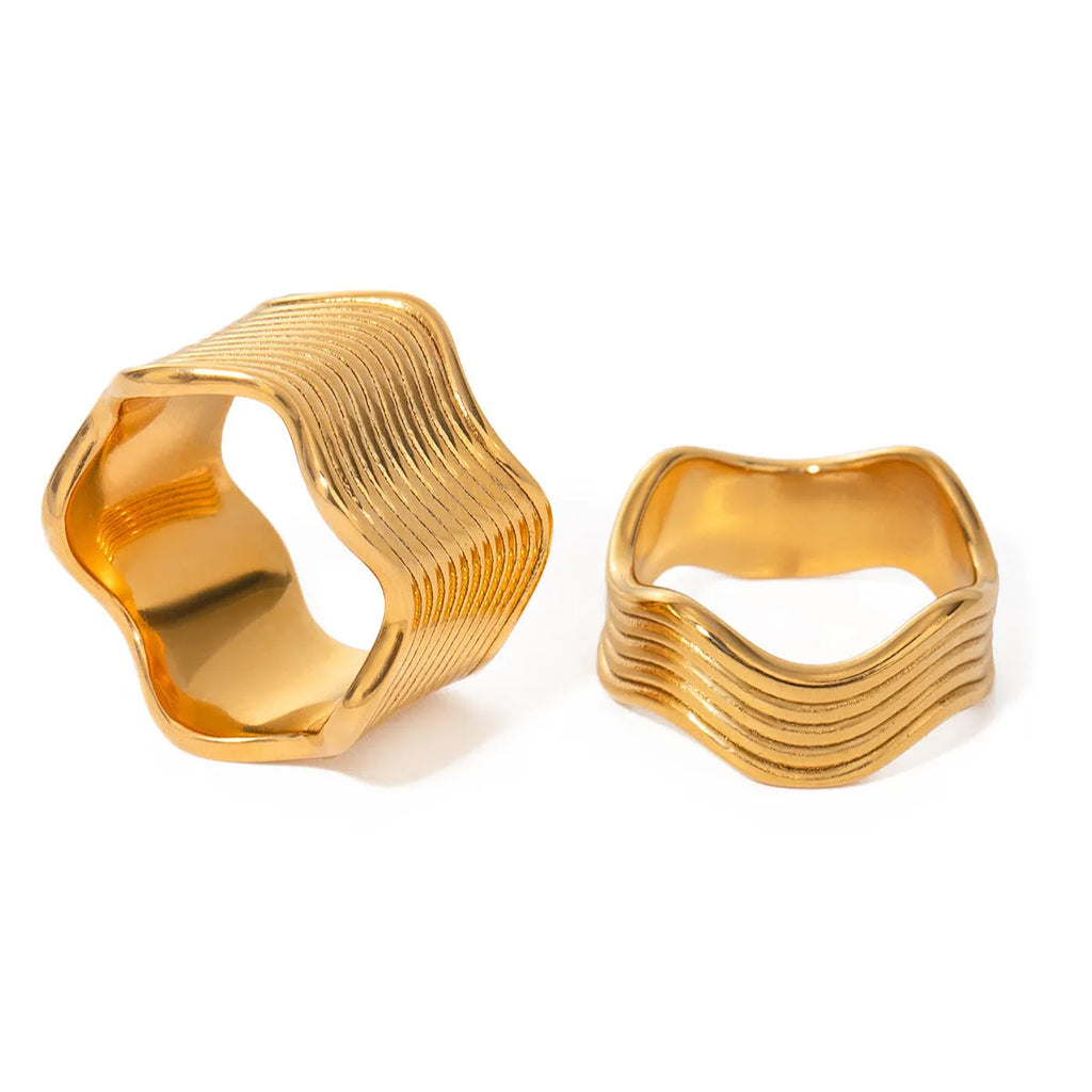Stainless steel wide band finger ring with a geometric wave pattern, electroplated finish.