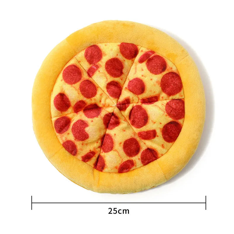 Yellow pizza slice dog chewing toy with squeaker for small to medium dogs