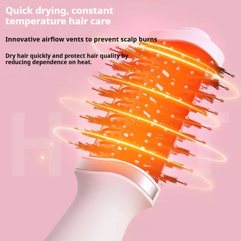 Pink multifunctional hair dryer with integrated comb and curling attachments for complete hair styling