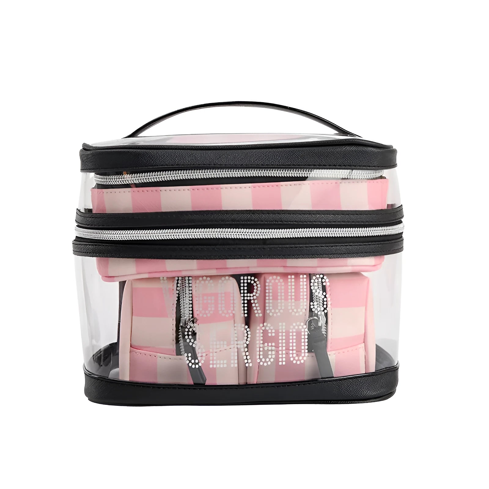 Pink bold stripes buggy bag makeup kit with floral pattern and synthetic leather waterproof design