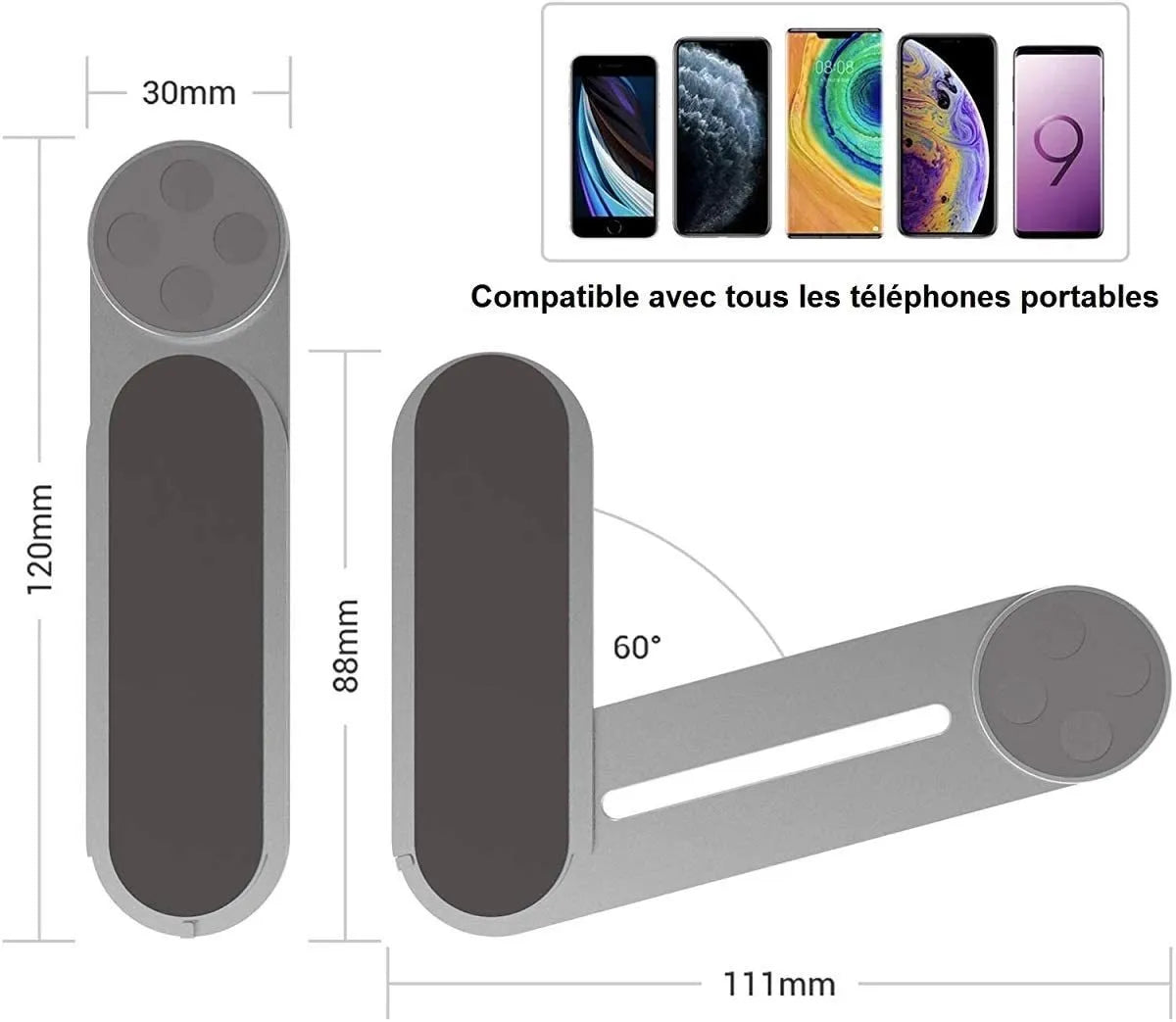 Silver aluminium alloy laptop screen holder with a smartphone attached via magnetic pads