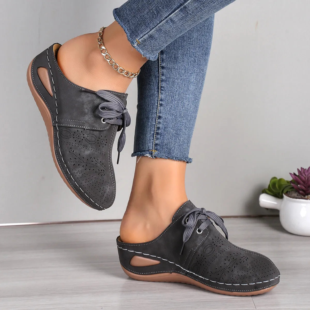 Women's black lace-up baotou wedge sandals with hollow out design and rubber sole