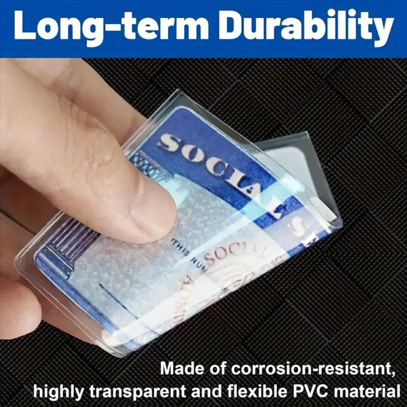 Transparent waterproof PVC card holder protecting a social security card, shown at actual 9.7cm by 5.9cm size.