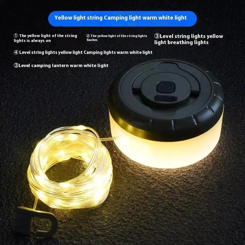 Rechargeable 8-metre 30-LED outdoor tent string light with warm and colourful light modes