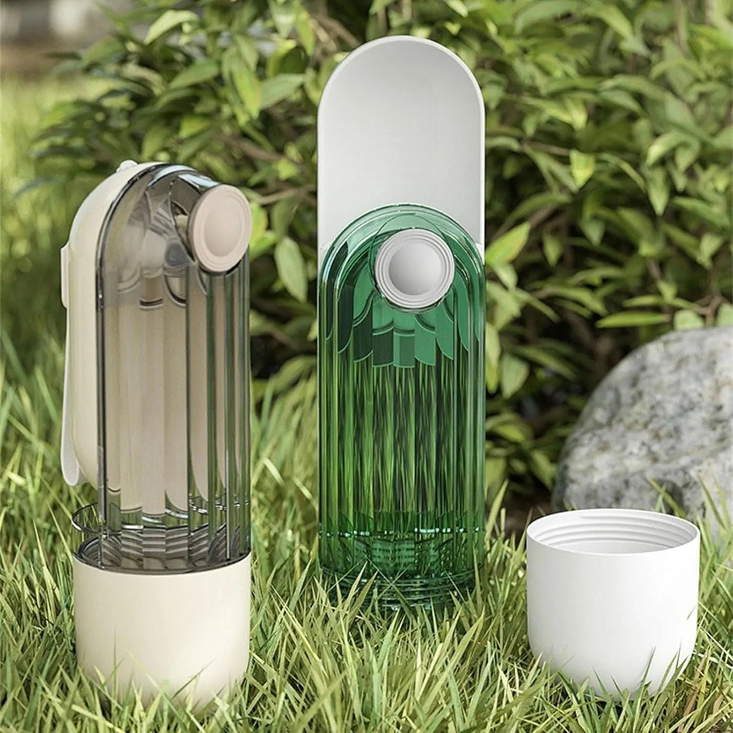 Beige foldable dog water bottle and food dispenser with leak-proof design for outdoor use