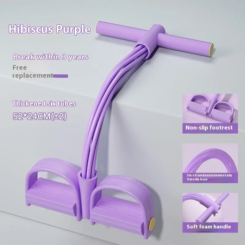 Purple TPR household pedal pulling rope device for waist slimming and arm exercises on a floor.