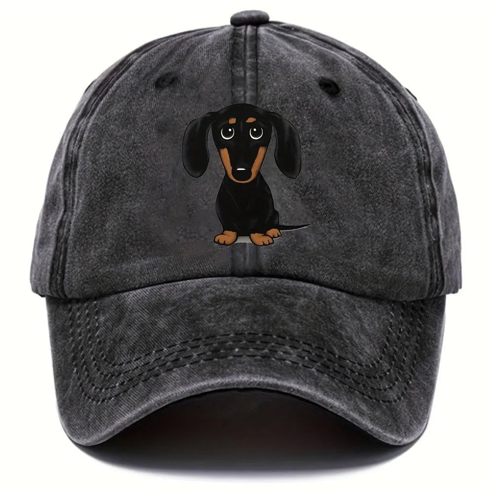 Retro washed baseball cap with embroidered Dachshund dog design on cotton fabric