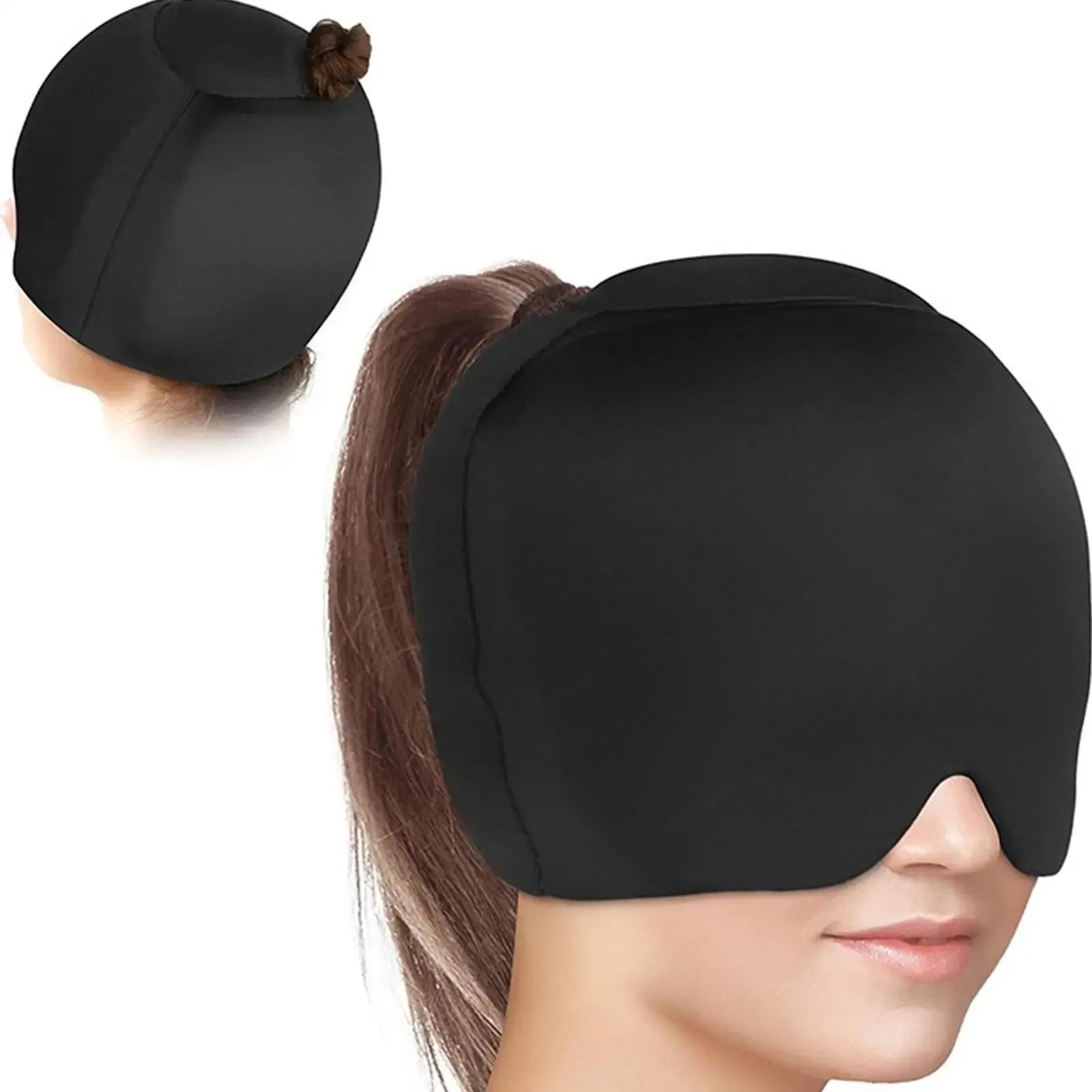 Simple solid colour cold compress cap in black, dark blue, or pink with fully enclosed design