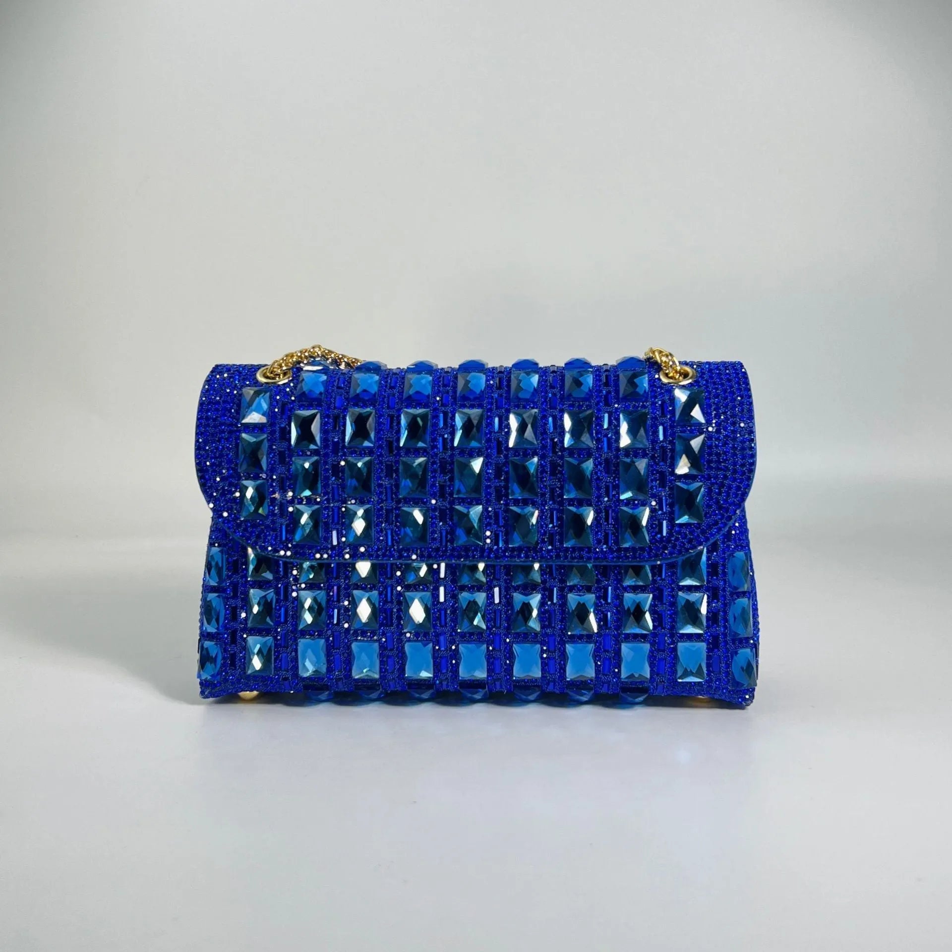 Shiny glass rhinestone diamond chain clutch handbag in horizontal square shape with chain strap, available in multiple colours