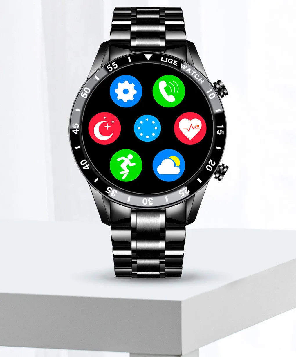 Stainless steel smart watch with 1.3-inch touchscreen display showing step count