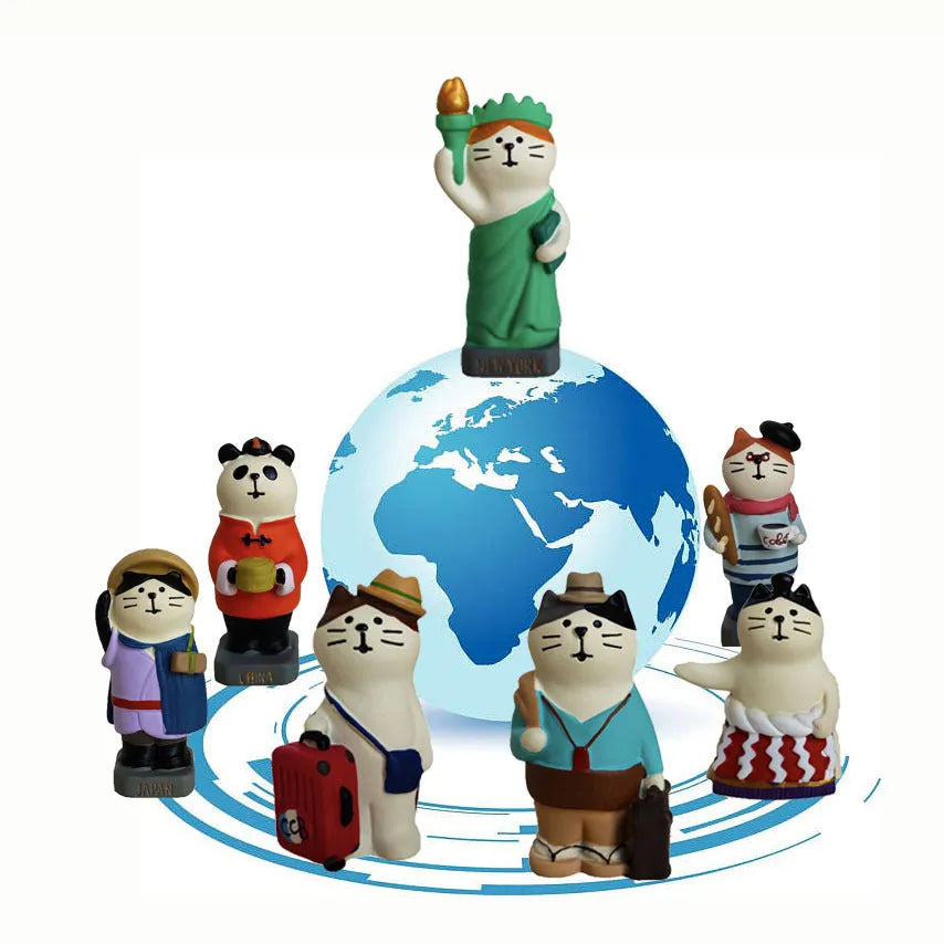 Resin cat figurine dressed as Statue of Liberty with torch, travel theme, carp cat or earth instrument cat styles