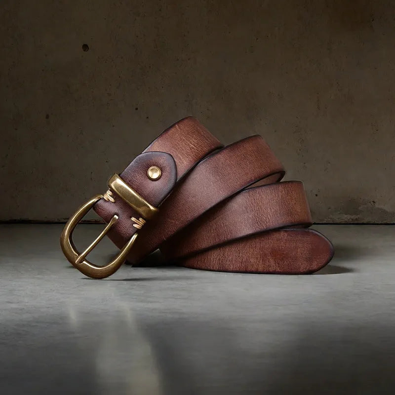 Men's cattlehide leather belt with copper pin buckle in black, brown, or khaki colour