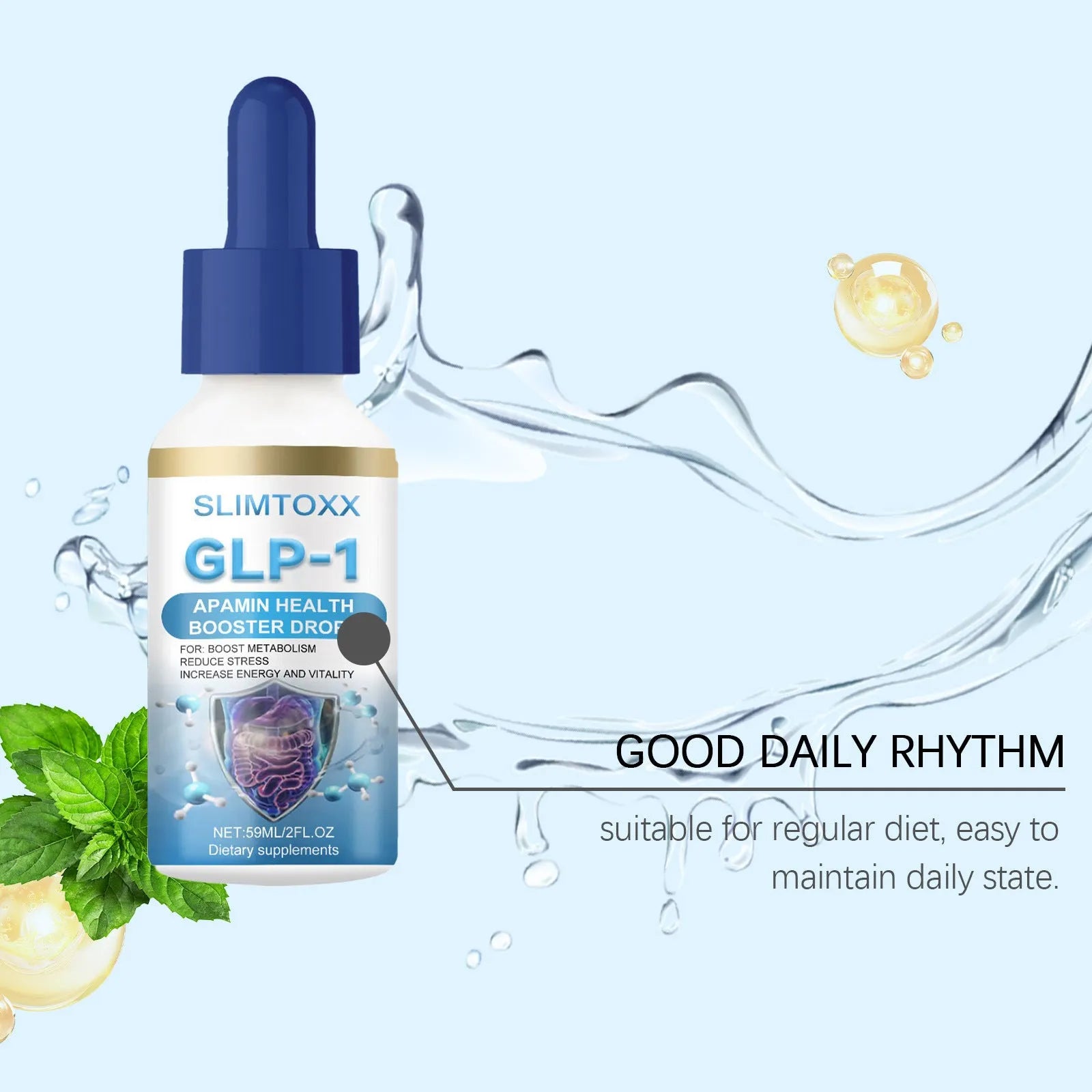 Body Care Drops Daily Mild liquid soap in 59ml dark dropper bottle with herbal and mint extract