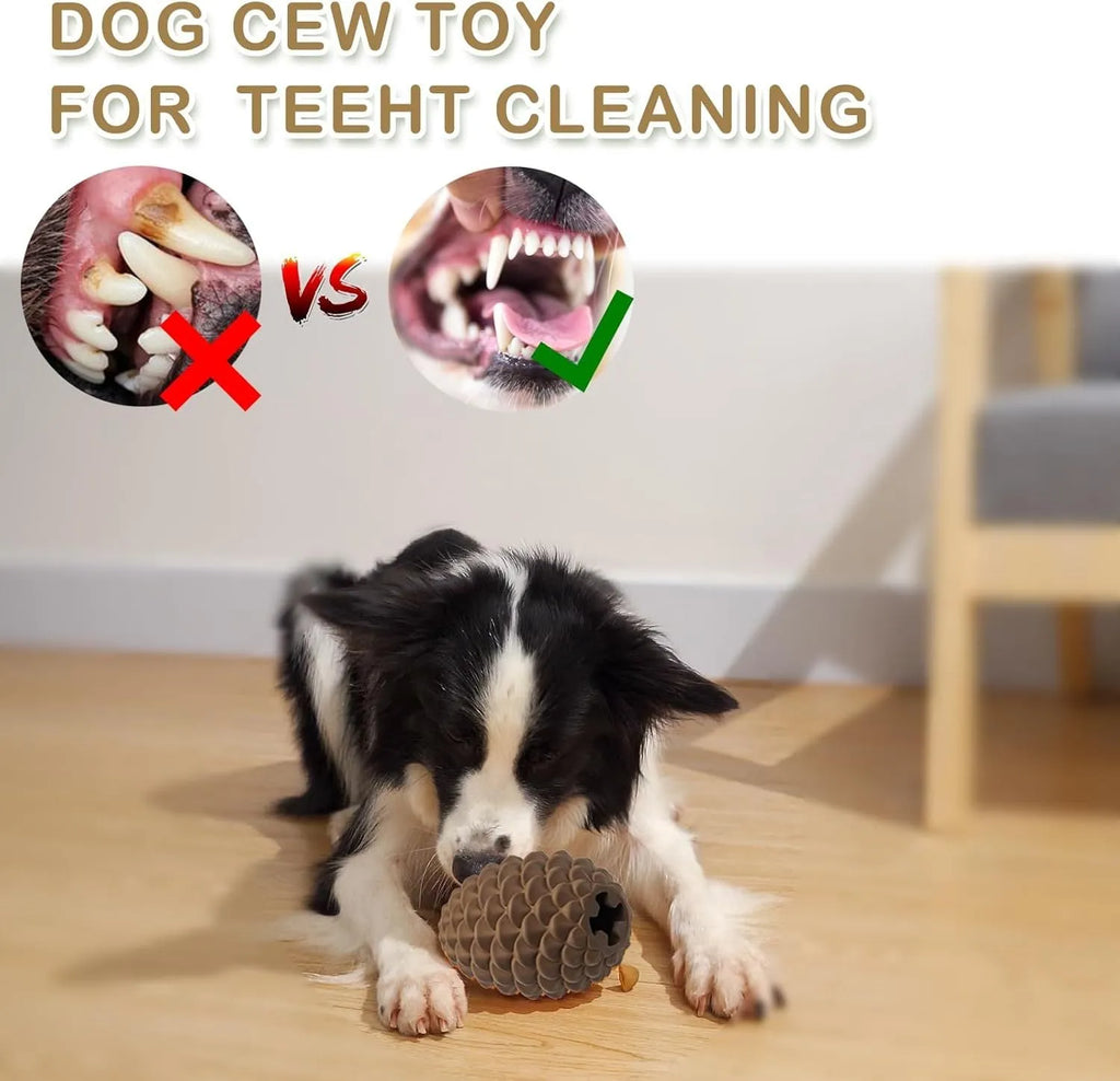 Pine cone shaped natural rubber dog chew toy with textured surface for dental care
