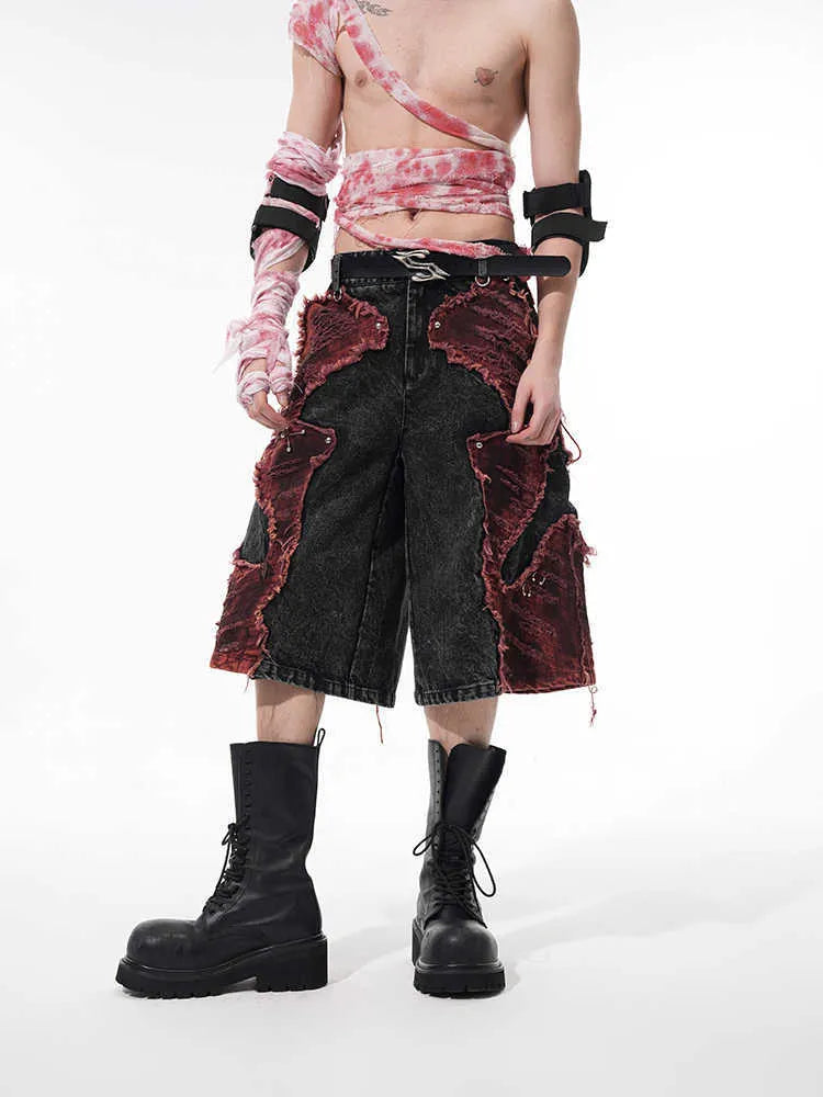 Wide leg cropped denim pants with distressed stitching, mid-high waist, loose fit, cotton cloth fabric