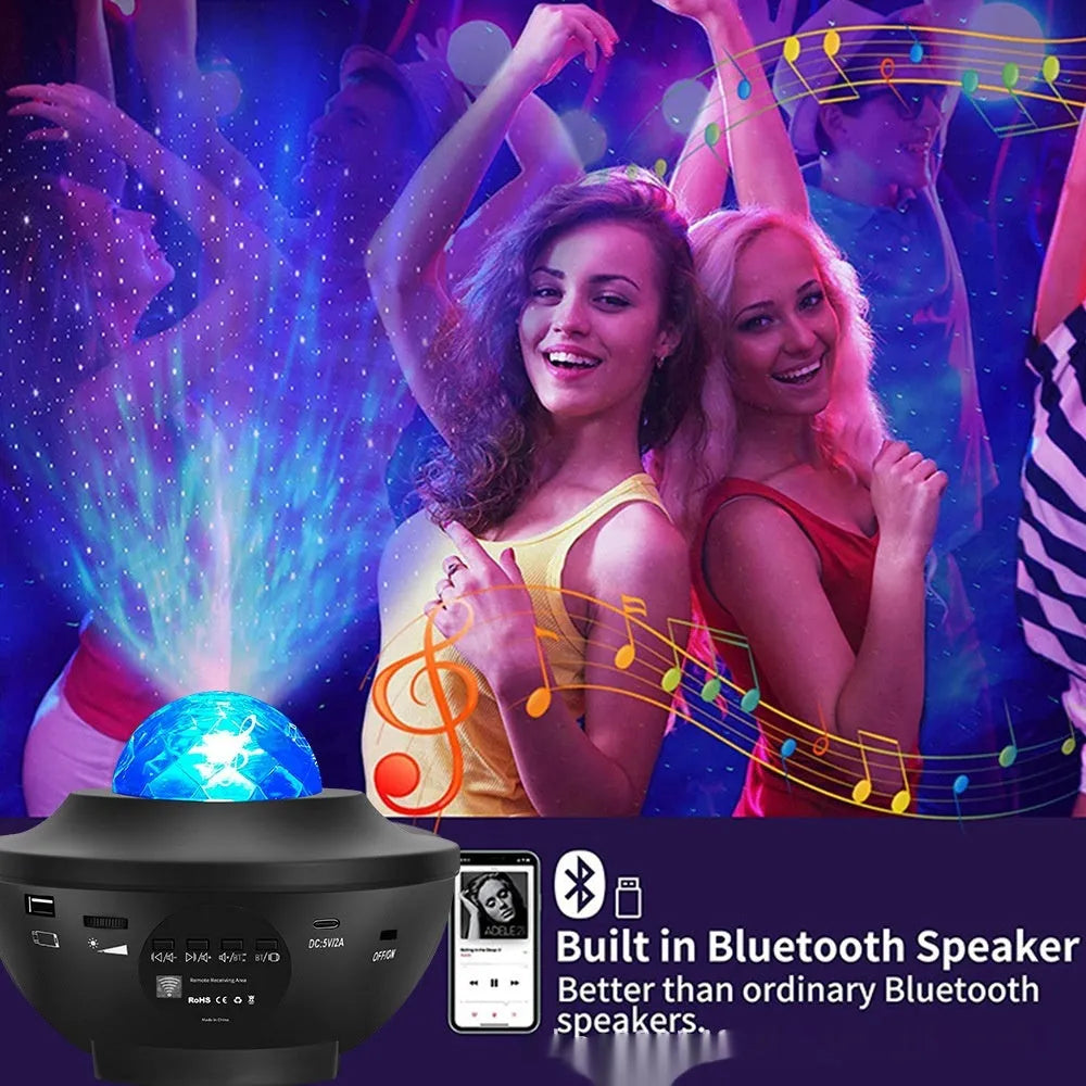 Black desktop starry sky projection lamp with rotating water ripple laser effects and remote control.
